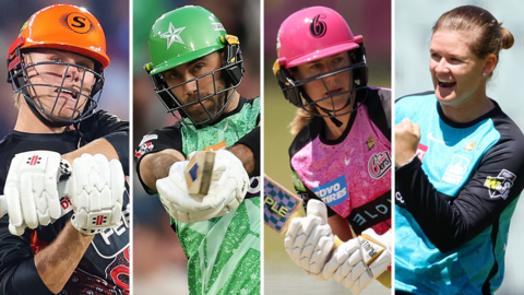 A split graphic of Copper Connolly, Glenn Maxwell, Ellyse Perry and Jess Jonassen