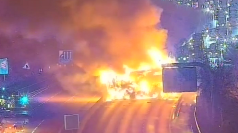 CCTV footage of a large fire on a motorway