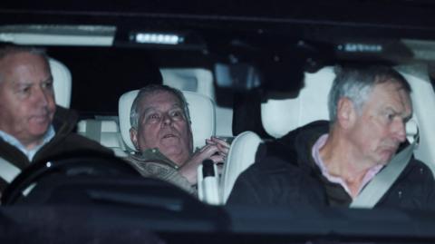 Andrew Mountbatten Windsor, younger brother of Britain’s King Charles, formerly known as Prince Andrew, leaves Aylsham Police Station on a vehicle, on the day he was arrested