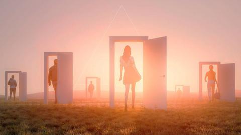A visualisation of six people walking through open doors in the middle of a field, with a hazy sun visible in the distance