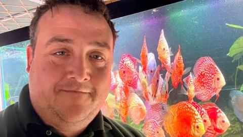 Stephen Halsey with short brown hair and stubble wearing a green polo top standing in front of orange pigeon blood discuss fish in a tank in a aquatic shop. He is smiling.
