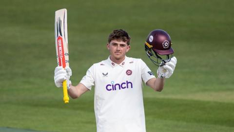 Northants' James Sales celebrates reaching his century against Middlesex