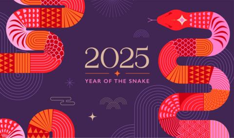 Drawing of a snake with the words 2025 Year of the Snake in the middle.