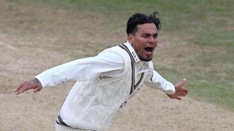 Rahul Chahar of Surrey appeals for LBW during the County Championship Division One match between Hampshire and Surrey