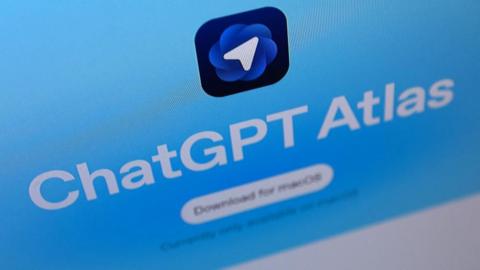 The ChatGPT Atlas features a white cursor-like icon set against a blue backdrop with a version of OpenAI's logo