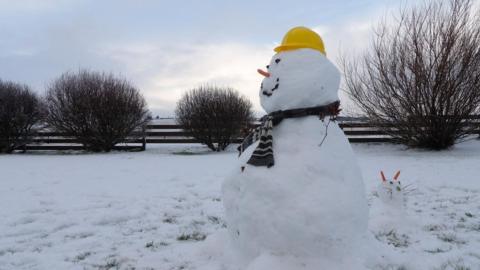 A snowman with a yellow hat and scarf sits side on in a field with bushes, a fence and white sky behind