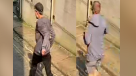 CCTV images show two men walking on a street. The men are facing away from the camera. The man on the left is wearing a long sleeve grey top. The man on the right is wearing a grey hoodie and shorts.