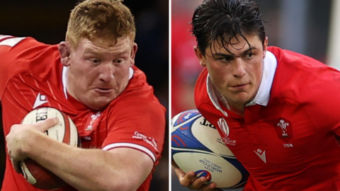 Two close-up pictures, one of Rhys Carre and one of Louis Rees-Zammit both running with the ball playing for Wales