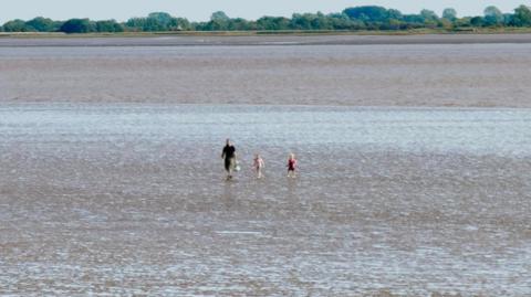 A man in a black T-shirt and khaki shorts with two children, one wearing pink and the other red, walking in the middle of a sandbank. The tide is a long way out and they are surrounded by mud. A row of green trees lines the bank on the far side of the river.