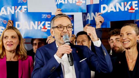 Chairman and top candidate of the Freedom Party of Austria (FPOe) Herbert Kickl (C) celebrates during FPOe election event after parliamentary elections in Vienna, Austria, 29 September 2024