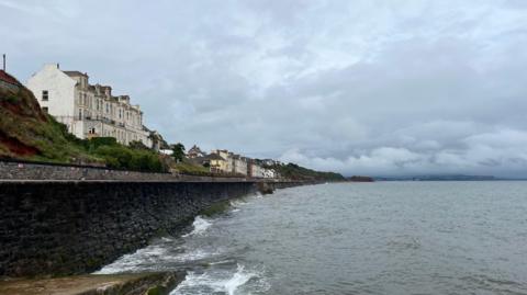 Image shows sea wall in Dawlish. The water is pictured at low tide. A number of residential homes are overlooking the sea wall and water.