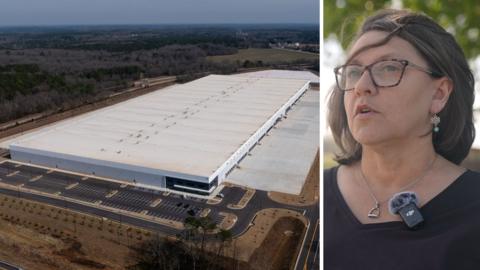 A split screen with a white warehouse on the left and a woman in a black shirt on the right.