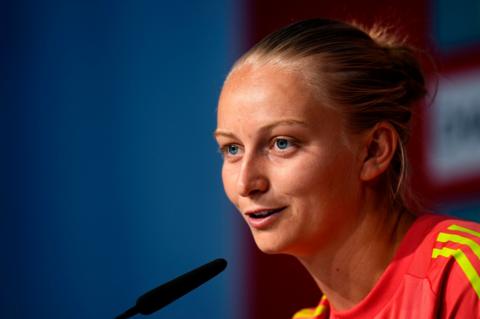 Wales' Elise Hughes speaks during a press conference at the Sportanlage Guttingersreuti, Lauligstrasse in Switzerland.