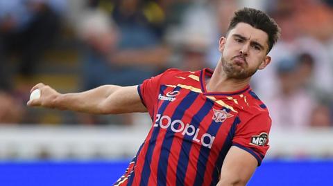 Manchester Super Giants bowler Josh Tongue delivers a ball