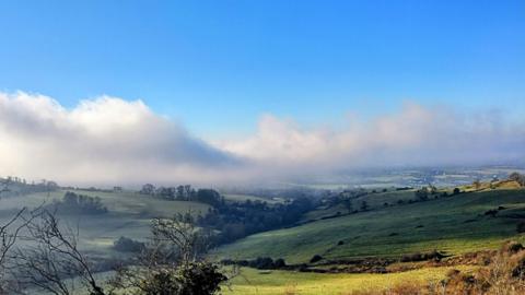 Rolling green hills with trees in the background with low cloud and mist under blue sky