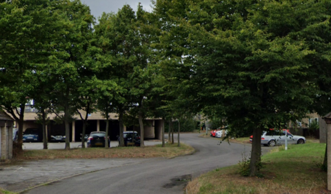 Walthams Place in Pitsea. A tree-lined cul-de-sac with cars parked under a canopy  and in parking areas.