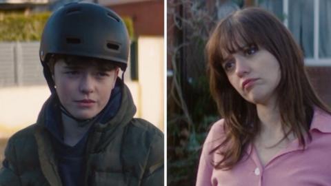 Composite of Callum, wearing a cycle helmet, and Evie, in a pink shirt, looking at each other in the street
