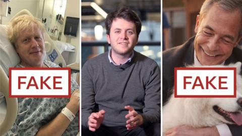 BBC journalist Ben Summers with fake images of Boris Johnson and Nigel Farage