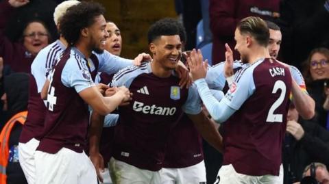 Ollie Watkins celebrates with his team-mates after scoring for Aston Villa against Brentford