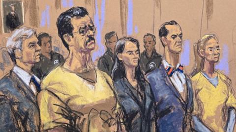 A court sketch showing Maduro and his wife wearing yellow prison suits, in court.