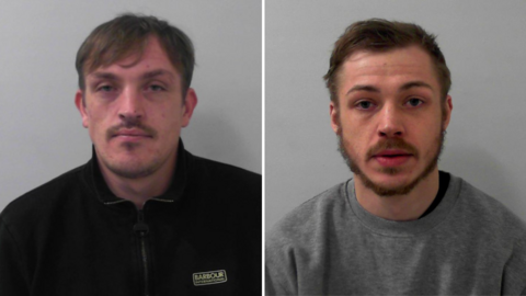Two men shown in side‑by‑side custody photographs against a plain background. The person on the left wears a black zip‑up jacket with a Barbour International logo; the person on the right wears a grey sweatshirt. Both face the camera with neutral expressions.