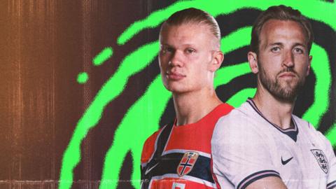 Harry Kane and Erling Haaland headshots with a green spiral on a brown background.