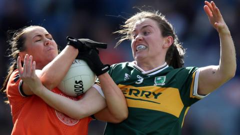 Armagh's Niamh Henderson battles with Kerry's Anna Galvin in last year's Division One final