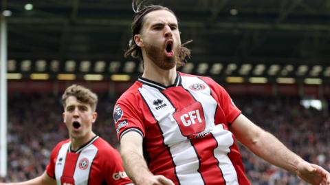 Ben Brereton Diaz celebrates scoring a goal for Sheffield United last season