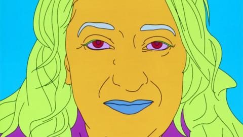 A multi-coloured cartoon-style drawing of the head and shoulders of Dame Zaha Hadid by Michael Craig-Martin