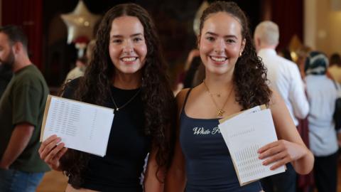 Two girls smile with their results held up