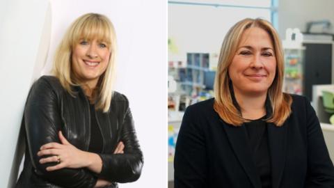 Left hand side: Claire Riley has blonde hair and is wearing a black jacket with her arms crossed, while leaning against a white internal wall. She is smiling. Right hand side: Lesley Powell has blonde hair and is wearing a black blazer jacket. She is smiling and what looks like a classroom is blurred behind her.