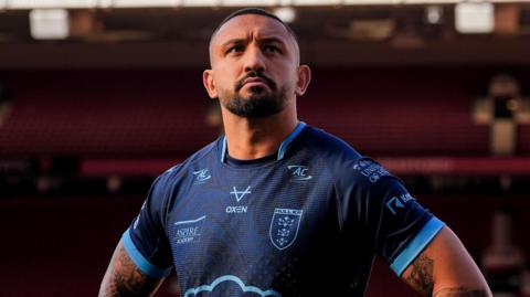 Elliot Minchella looks on during a press event at Old Trafford ahead of the Super League Grand Final