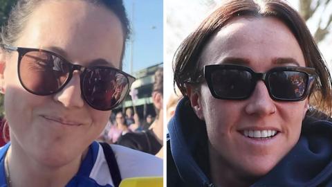A composite of Lucy Bronze (right) and a fan lookalike (left), both wearing sunglasses