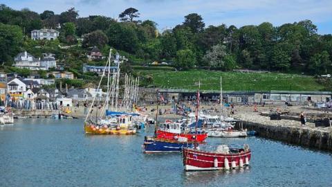 Colourful boats in front of the beach at Lyme Regis 