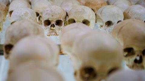  Human remains from victims of the genocide as seen at the Nyamata Church Genocide Memorial in April 2024.