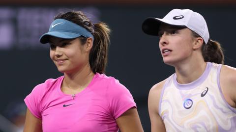 Emma Raducanu and Iga Swiatek after their match at Indian Wells in 2023