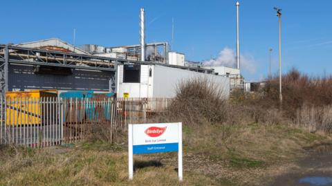 An industrial factory set against a blue sky. In the foreground is a sign that features the Birds Eye logo and text that reads "Birds Eye Limited".