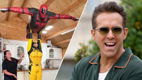 Composite image showing life-sized recreations of Deadpool and Wolverine in cake, and a smiling Ryan Reynolds