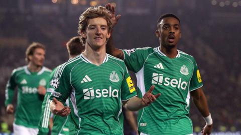 Anthony Gordon celebrates after scoring for Newcastle United against Qarabag on 18 February, 2026