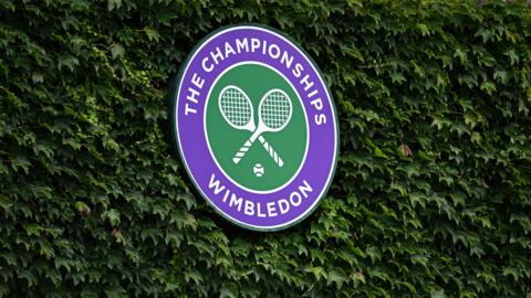 The Wimbledon logo is seen on Centre Court 