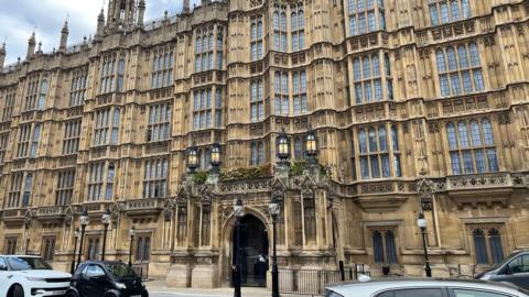 The Peers' Entrance to the Palace of Westminster shows parked cars in front of a sand-coloured limestone building with four black lamps and glass windows on three floors above the main entrance