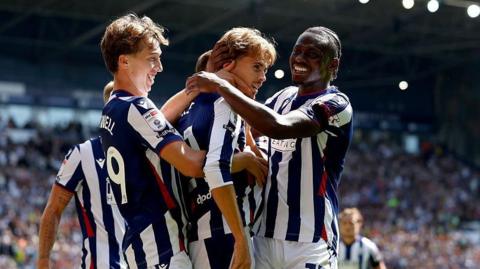 West Bromwich Albion players celebrating one of two Isaac Price goals in their 3-1 win against Burnley at The Hawthorns on Sunday