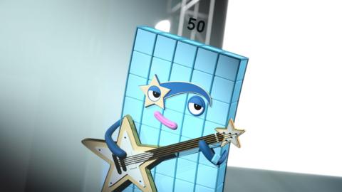 Numberblock Fifty looking sultry and playing a star shaped electric guitar. 