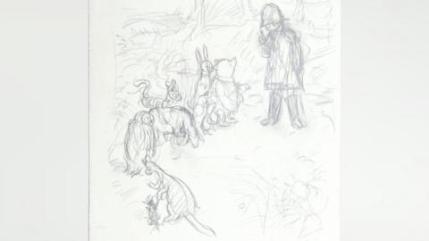 A pencil sketch of Christopher Robin, Pooh bear, Roo, Owl, Tigger and Rabbit