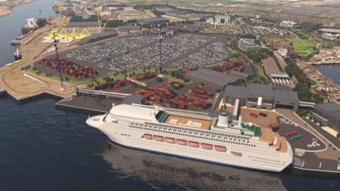 A CGI of how Tyne Clean Energy Park will look. A number of shipping containers can be see filling part of the port while a large cruise ship has docked, showing the scale of the site.