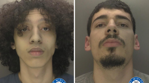Mugshots of two men staring at the camera. On the left, the man has brown, curly hair and the man on the right has short brown hair, a beard and moustache.