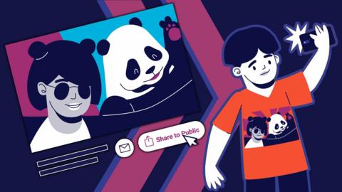 Illustration of a boy taking a selfie. Behind him is screen showing a panda and a girl on a social media site with a 'Share to public' button being pressed.