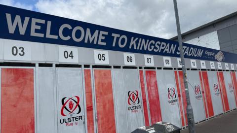 A sign reading Welcome to Kingspan Stadium with Ulster Rugby logos underneath