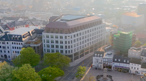 An aerial view of the Jersey Government Building in St Helier 