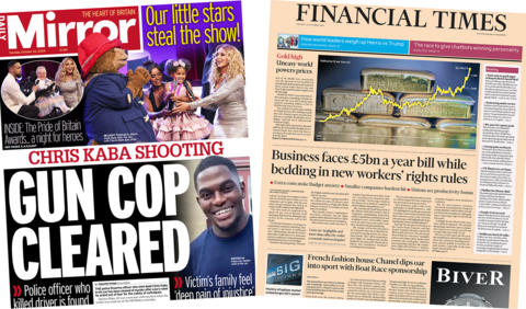 The headline in the Mirror reads, 'Gun cop cleared', while the headline in the Financial Times reads, 'Business faces £5bn a year bill while bedding in new workers' rights rules'